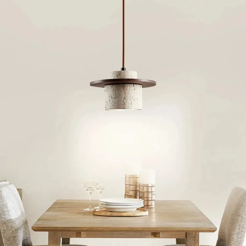 Kanso Wabi Sabi Travertine and Wood Pendant Light
