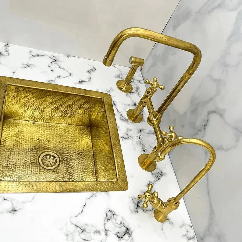 Luxury Bridge Kitchen Faucet Set with Side Sprayer & Soap Dispenser – Unlacquered Brass