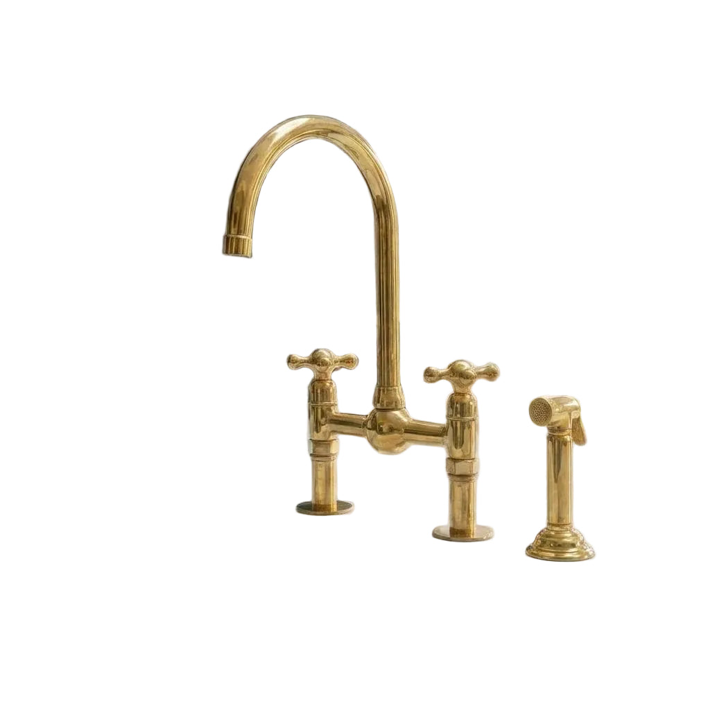 Luxury Unlacquered Brass Bridge Faucet for Kitchen Island
