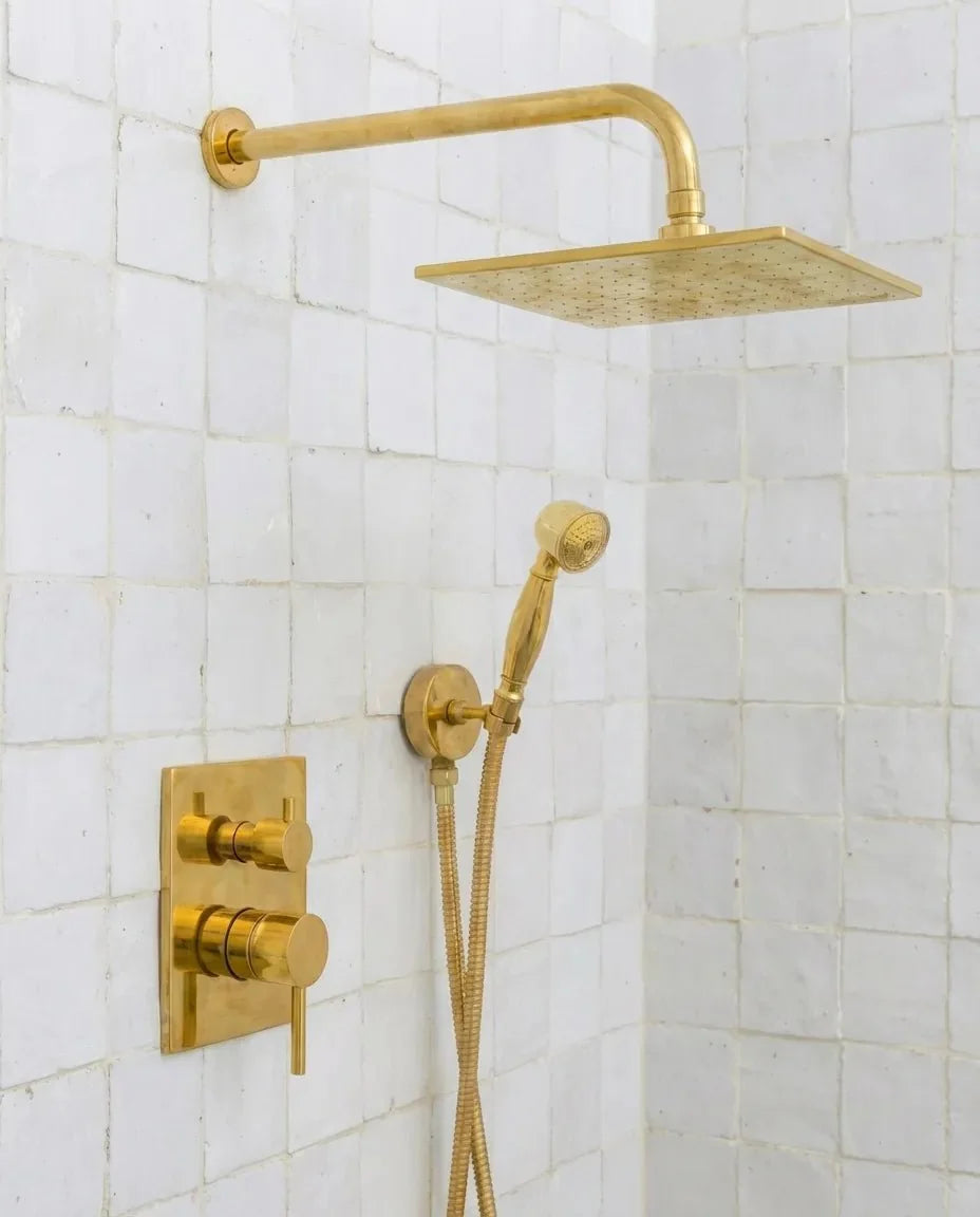 Luxury Unlacquered Brass Rain Shower System – Wall Mounted with Handheld Sprayer