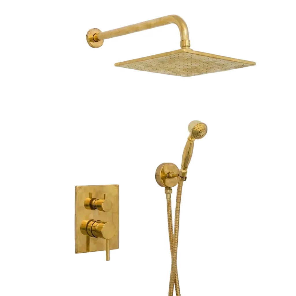 Luxury Unlacquered Brass Rain Shower System – Wall Mounted with Handheld Sprayer