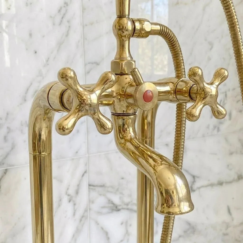 Luxury Unlacquered Brass Tub Filler – Floor Standing Bathtub Faucet Set