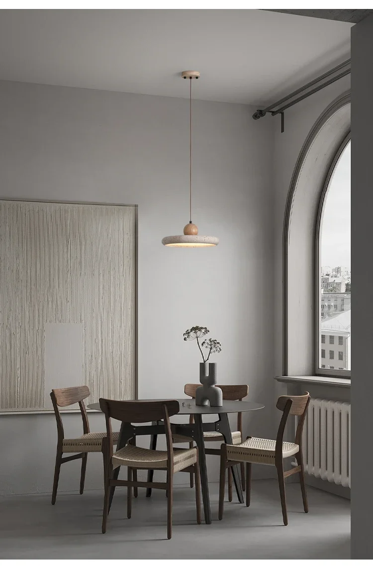 Mannelli Wabi Sabi Circular Travertine Strone and Wood Pendant Light