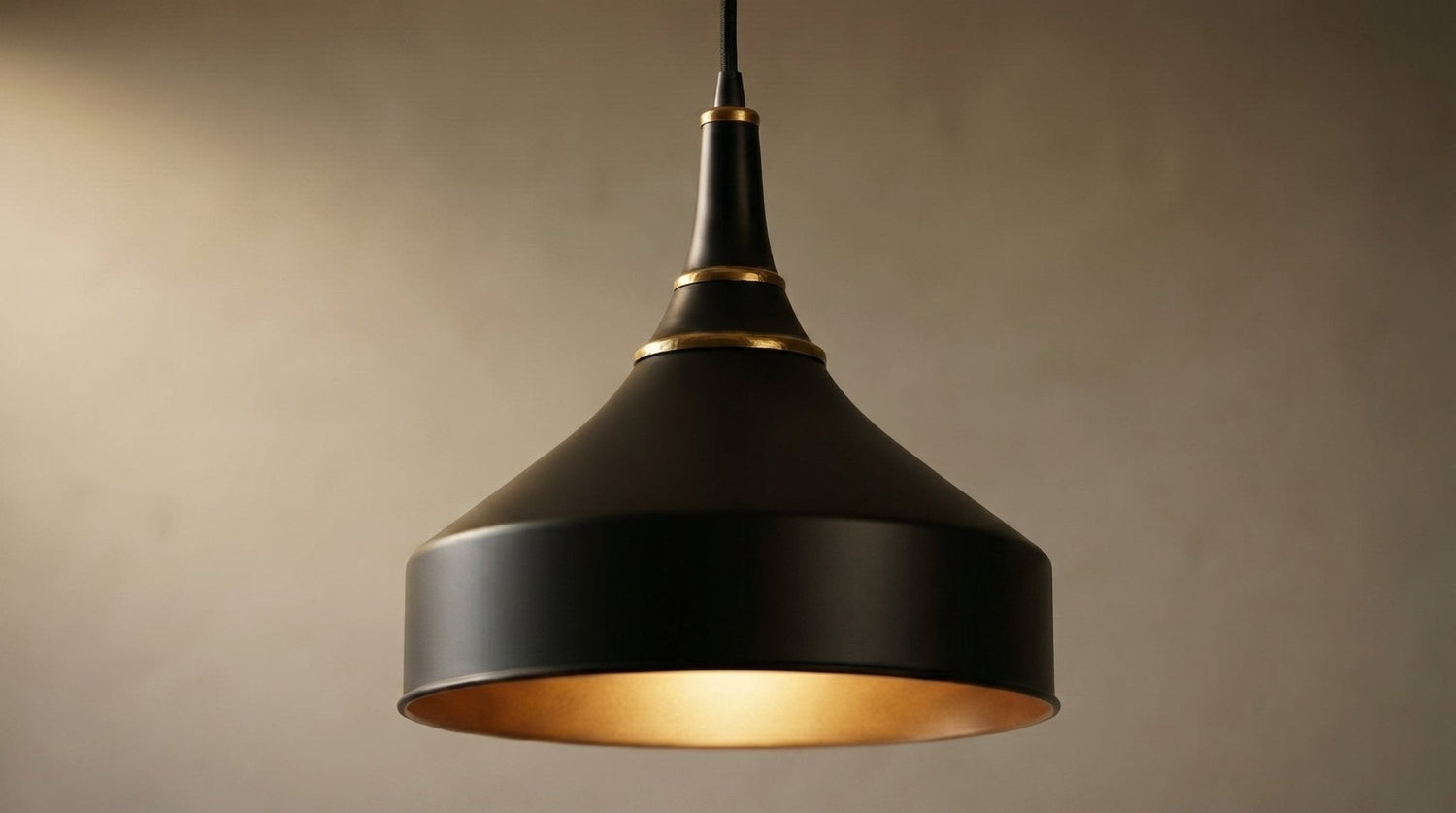 Matte Black & Brass Dome Pendant Light - Mid Century Ceiling Lamp