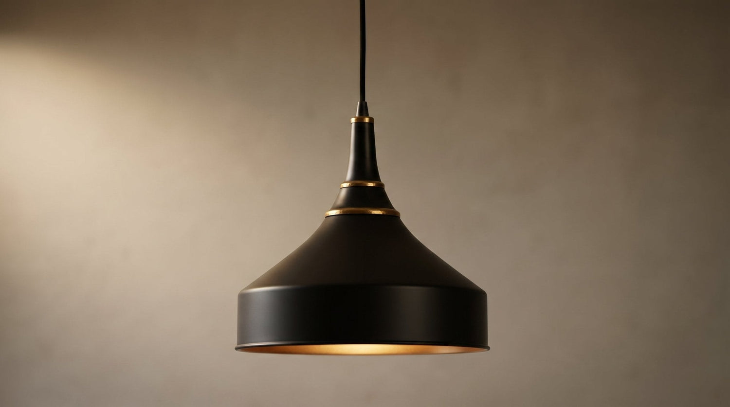 Matte Black & Brass Dome Pendant Light - Mid Century Ceiling Lamp