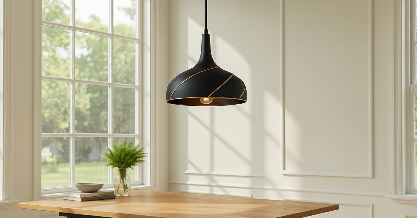 Modern Black Pendant Light: Copper Spiral Detail, Adjustable Height