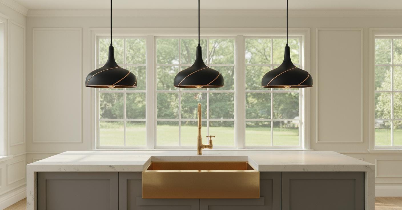 Modern Black Pendant Light: Copper Spiral Detail, Adjustable Height
