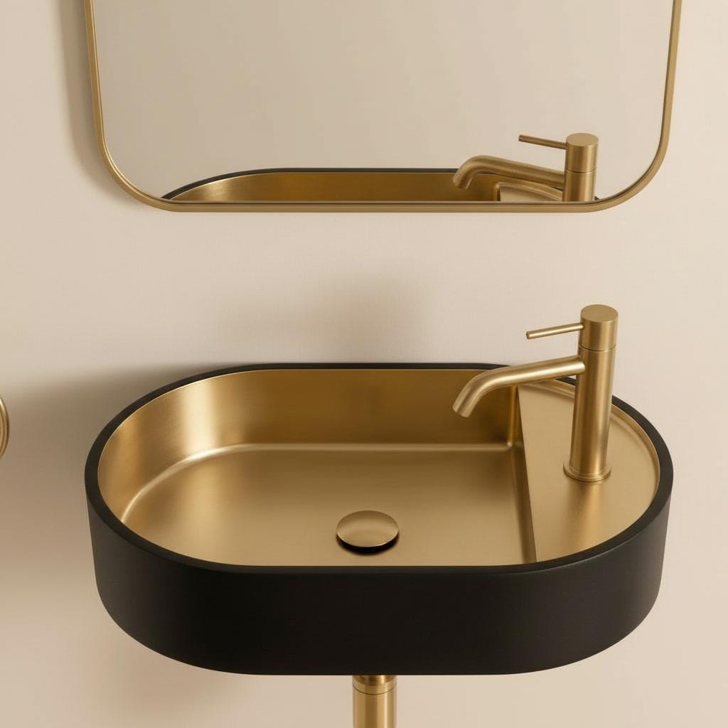Modern Brass Wall Mount Sink, Black Brass Washbasin - Pill Shaped Powder Room Basin, Bathroom Floating Sink, Two Tone Lavatory