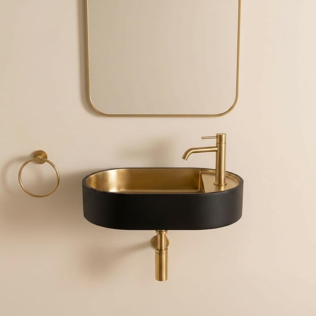 Modern Brass Wall Mount Sink, Black Brass Washbasin - Pill Shaped Powder Room Basin, Bathroom Floating Sink, Two Tone Lavatory