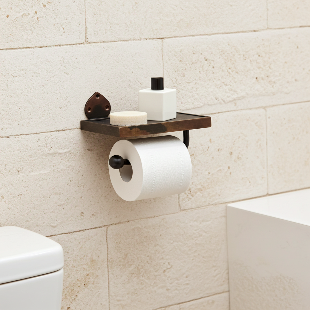 Handmade Aged Copper Toilet Paper Holder with Shelf – Rustic Wall Mounted Bathroom Hardware