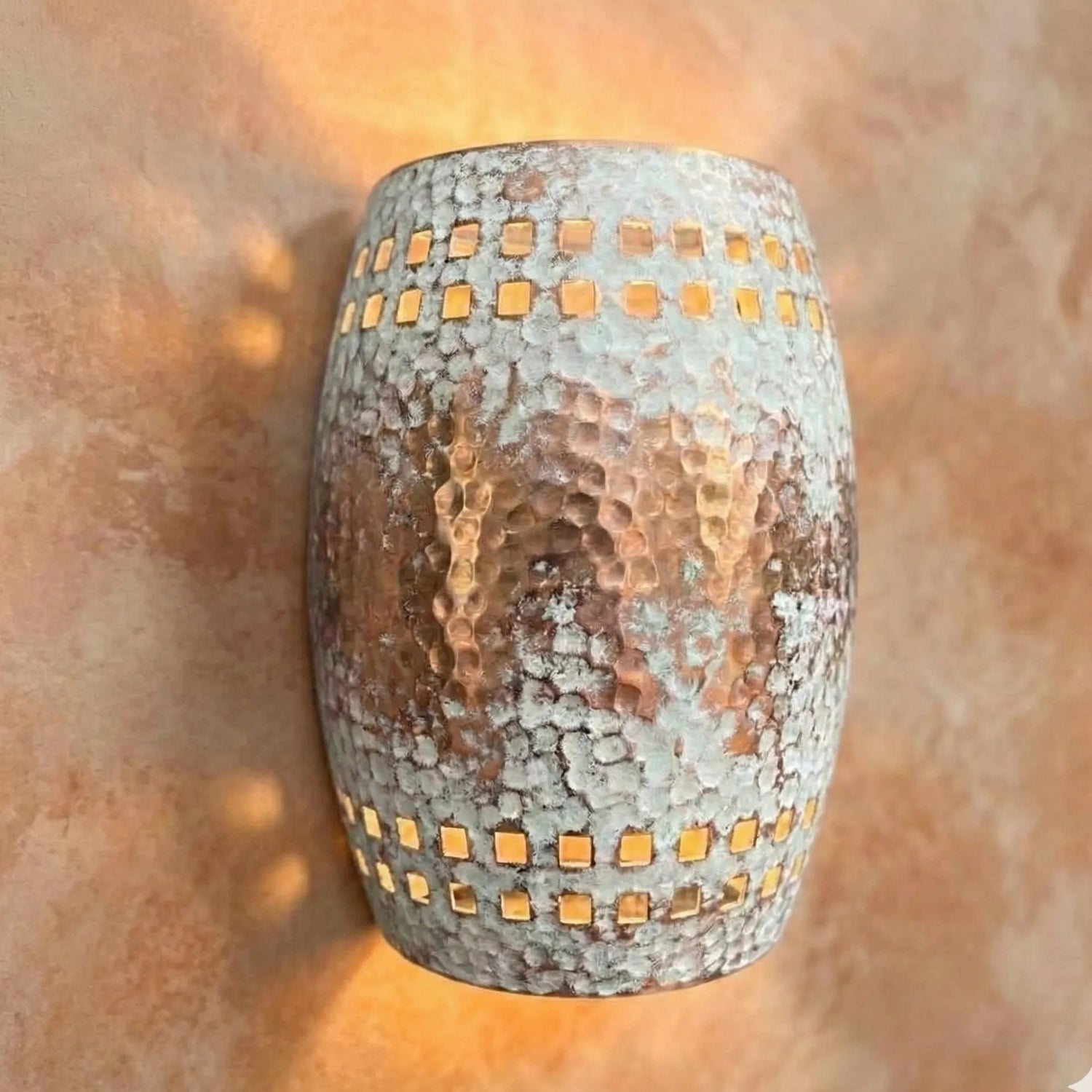 Hammered Copper Wall Sconce – White Patina Square Cutout Shade