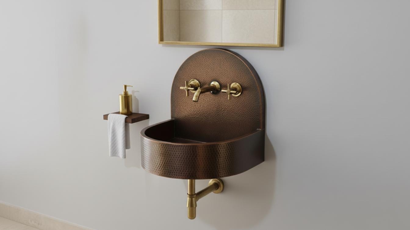 Oil Rubbed Hammered Copper Sink - Dark Bronze Wall Mount Basin