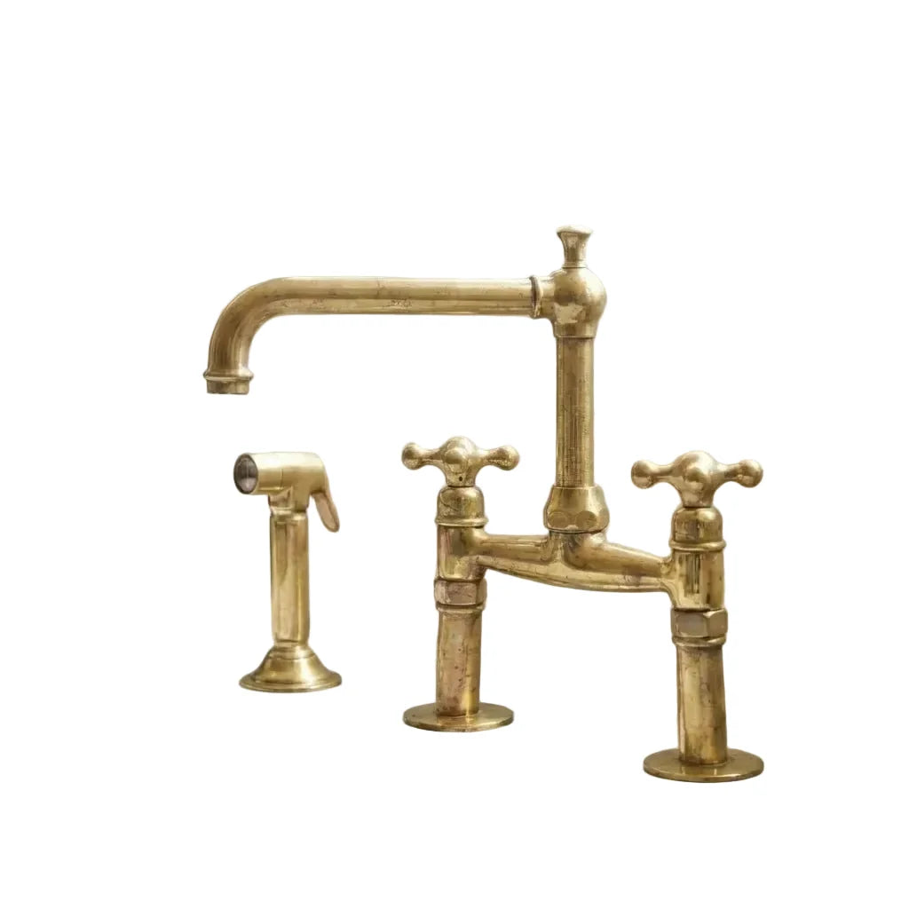 Old-World Unlacquered Brass Bridge Faucet With Traditional Design