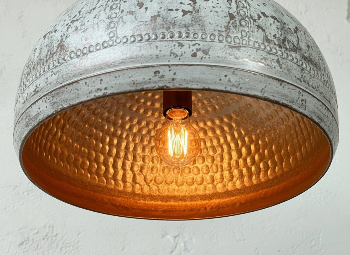 White Patina Copper Dome Pendant – Handmade Rustic Farmhouse Light