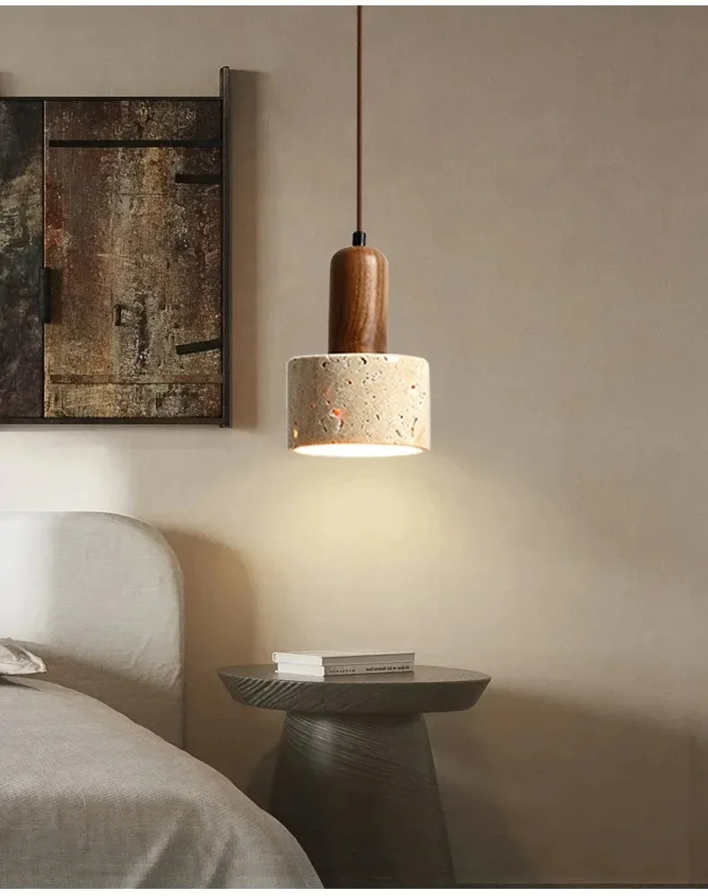 Ora Wabi Sabi Cylinder Travertine Stone and Wood Pendant Light