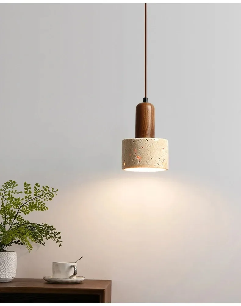 Ora Wabi Sabi Cylinder Travertine Stone and Wood Pendant Light