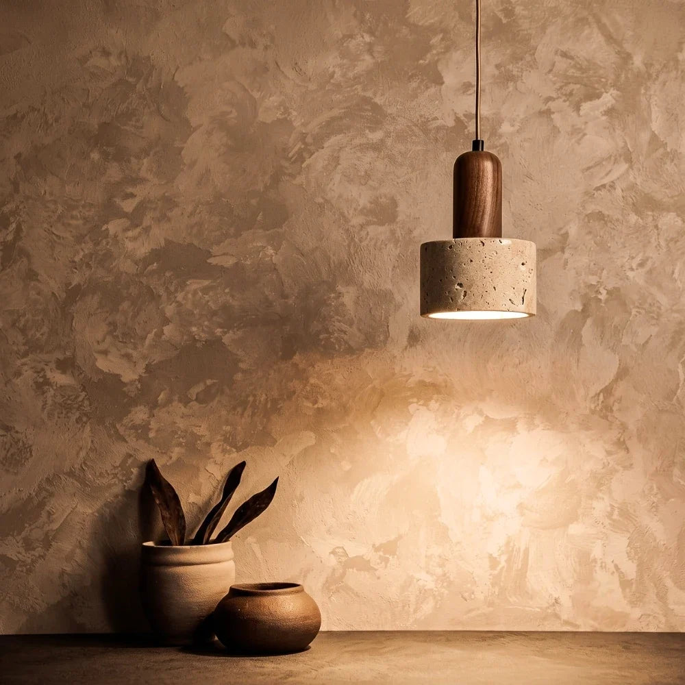 Ora Wabi Sabi Cylinder Travertine Stone and Wood Pendant Light