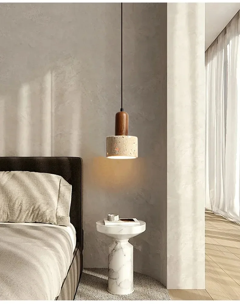 Ora Wabi Sabi Cylinder Travertine Stone and Wood Pendant Light
