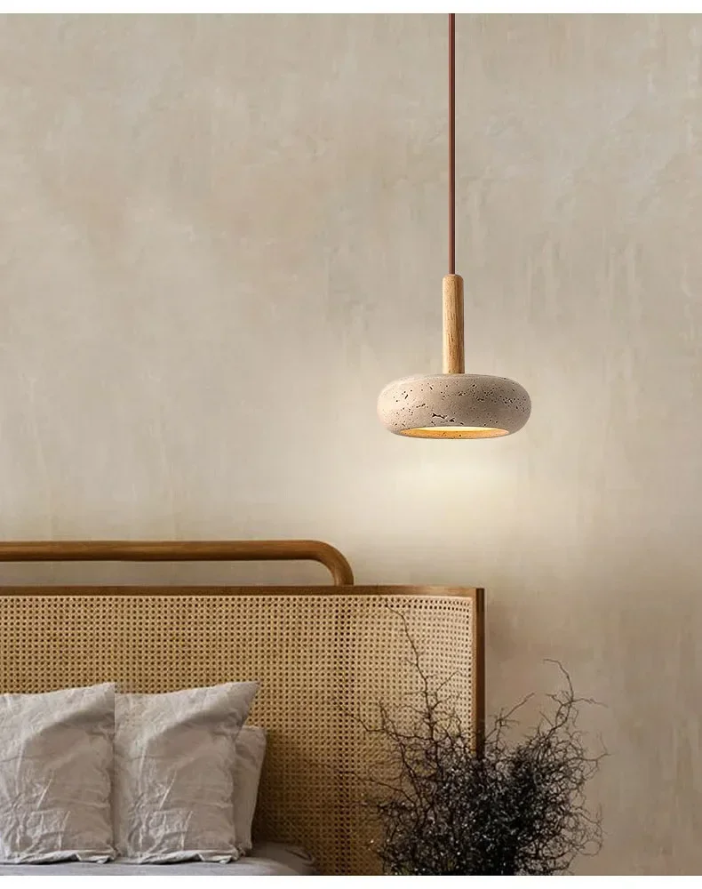 Osho Wabi Sabi Round Travertine and Wood Pendant Light