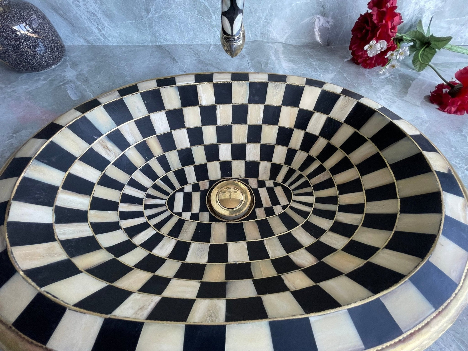 Oval Antique Brass Drop-in Sink - Handcrafted Resin & Bone Inlay Basin