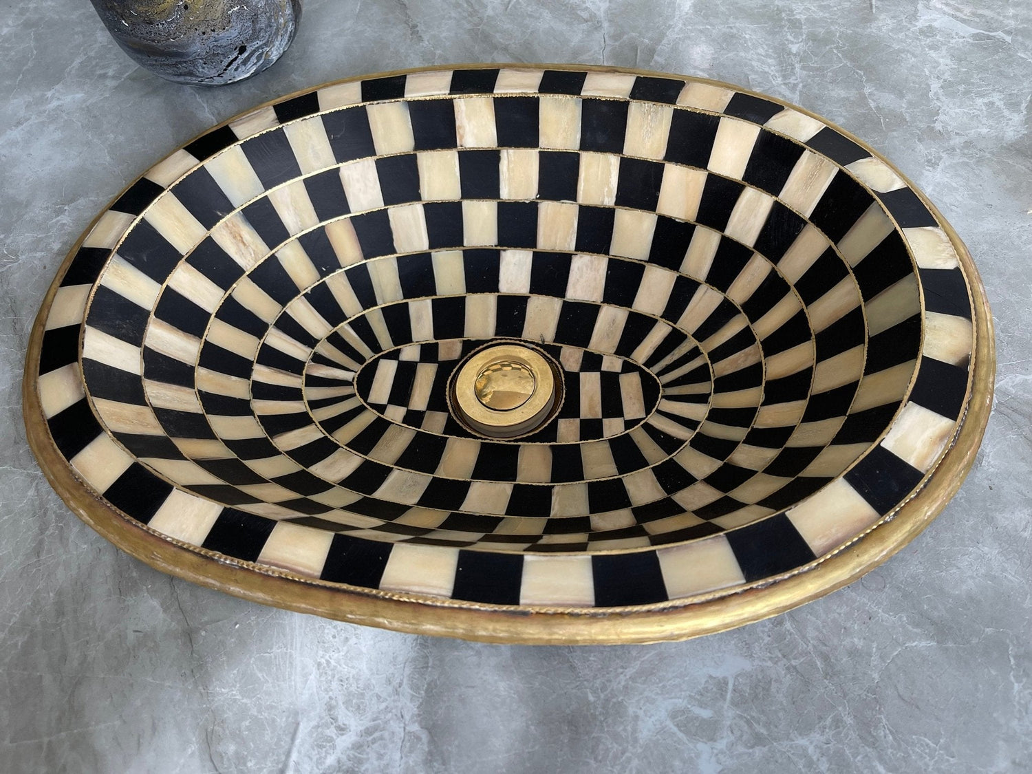 Oval Antique Brass Drop-in Sink - Handcrafted Resin & Bone Inlay Basin