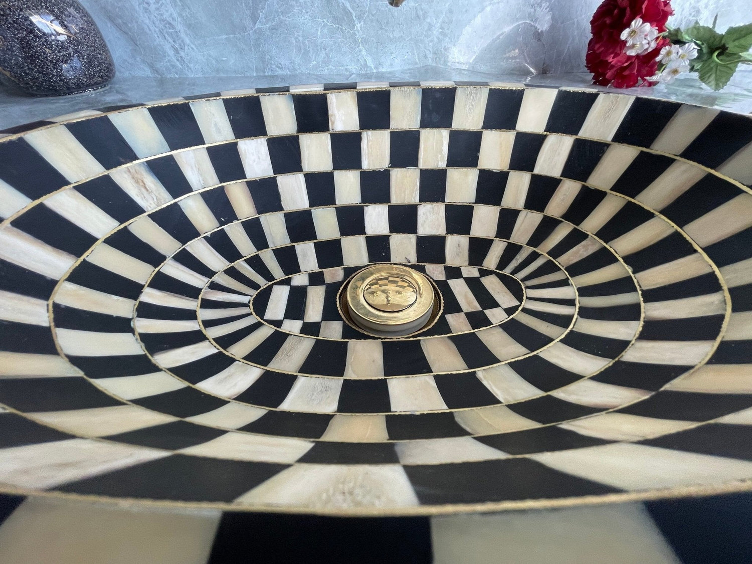 Oval Antique Brass Drop-in Sink - Handcrafted Resin & Bone Inlay Basin