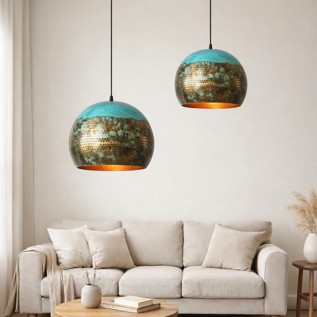 Oxidized Brass Dome Fixture - Hammered Brass Dome Chandelier - Teal Green Kitchen Island Lighting - Boho Farmhouse Dining Room Lamp
