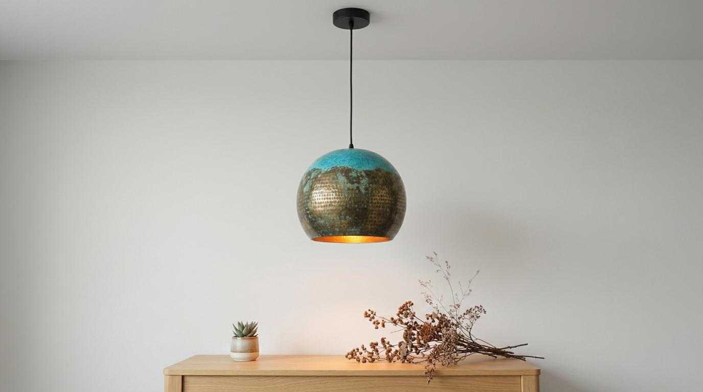 Oxidized Brass Dome Fixture - Hammered Brass Dome Chandelier - Teal Green Kitchen Island Lighting - Boho Farmhouse Dining Room Lamp