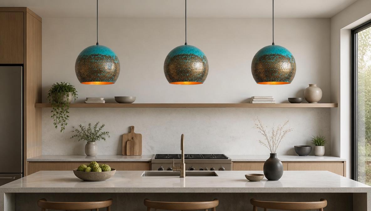 Oxidized Brass Dome Fixture - Hammered Brass Dome Chandelier - Teal Green Kitchen Island Lighting - Boho Farmhouse Dining Room Lamp