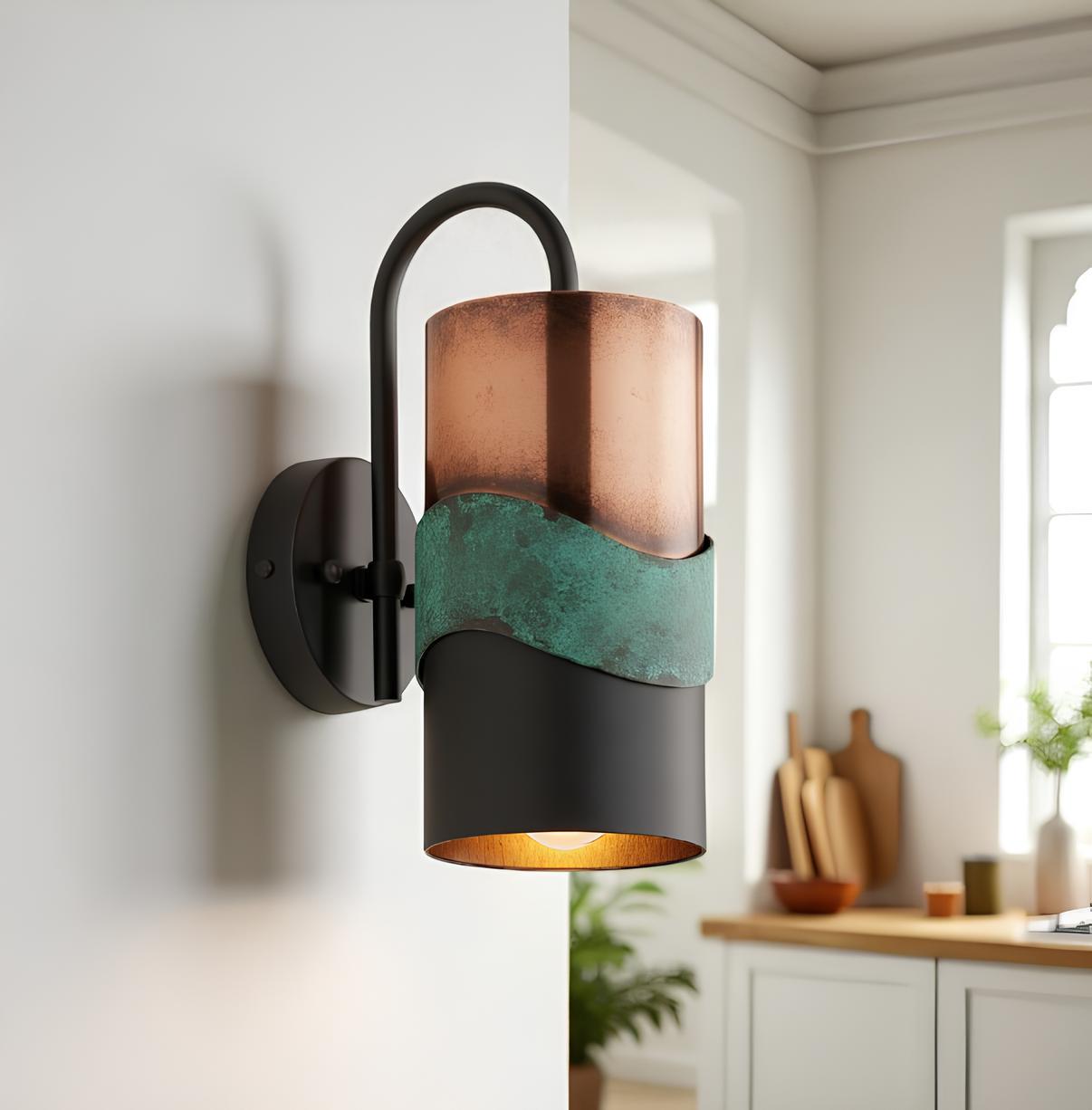 Oxidized Copper Cylinder Wall Sconce - Green Verdigris Patina