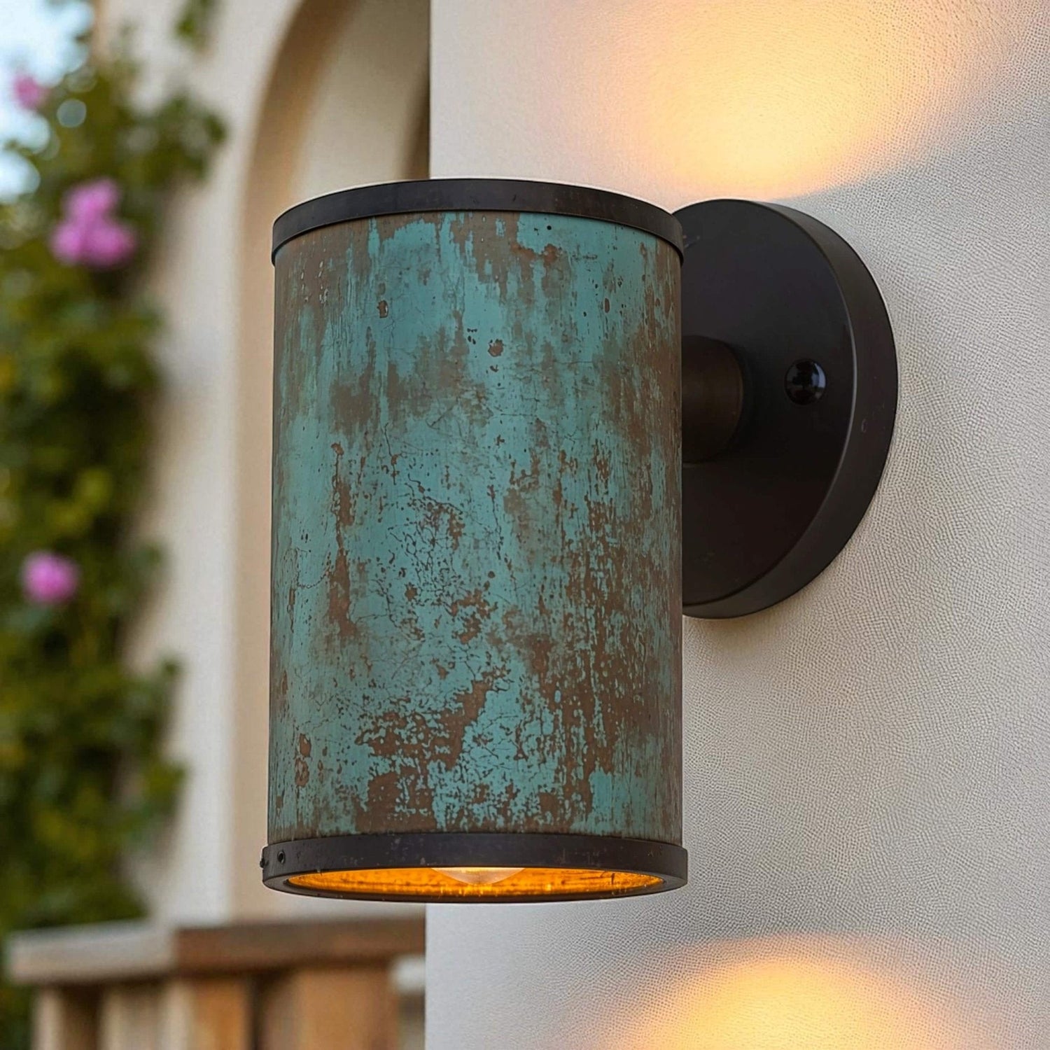 Oxidized Copper Wall Sconce - Handcrafted Cylinder Patina Light