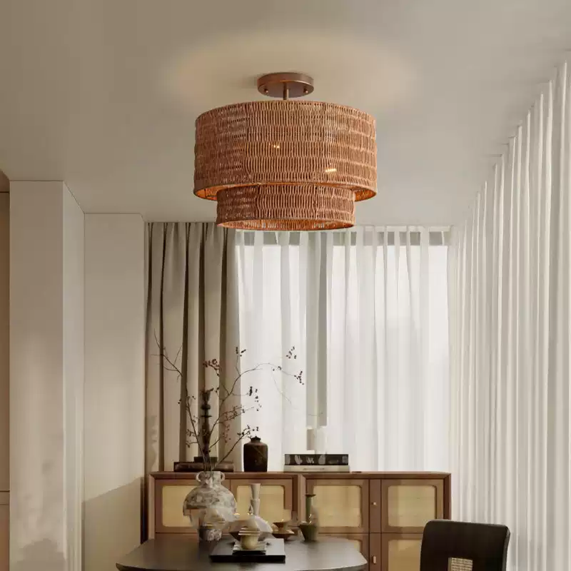 Paloma Wicker Rattan Double Drum Ceiling Light - Semi Flush Mount