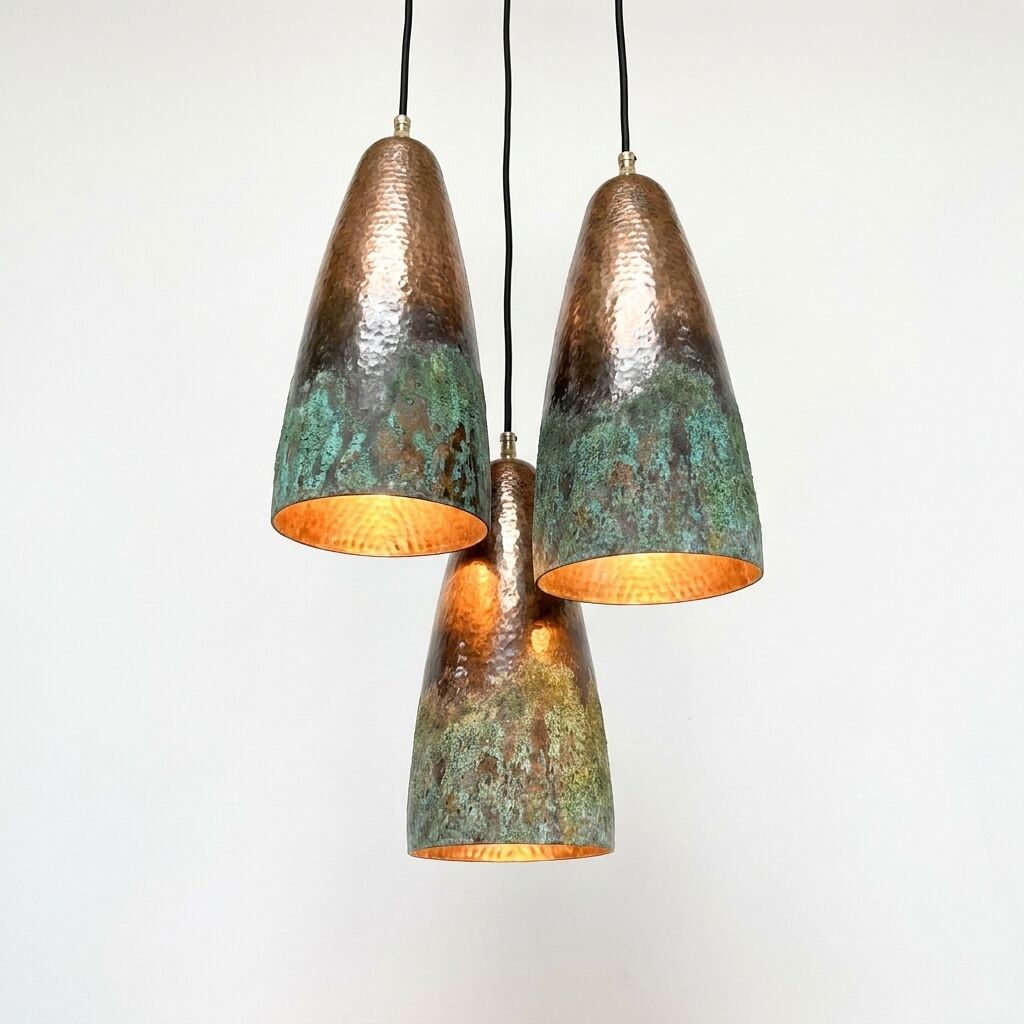 Set of 3 Long Drop Copper Pendants – Green Patina Farmhouse Lighting