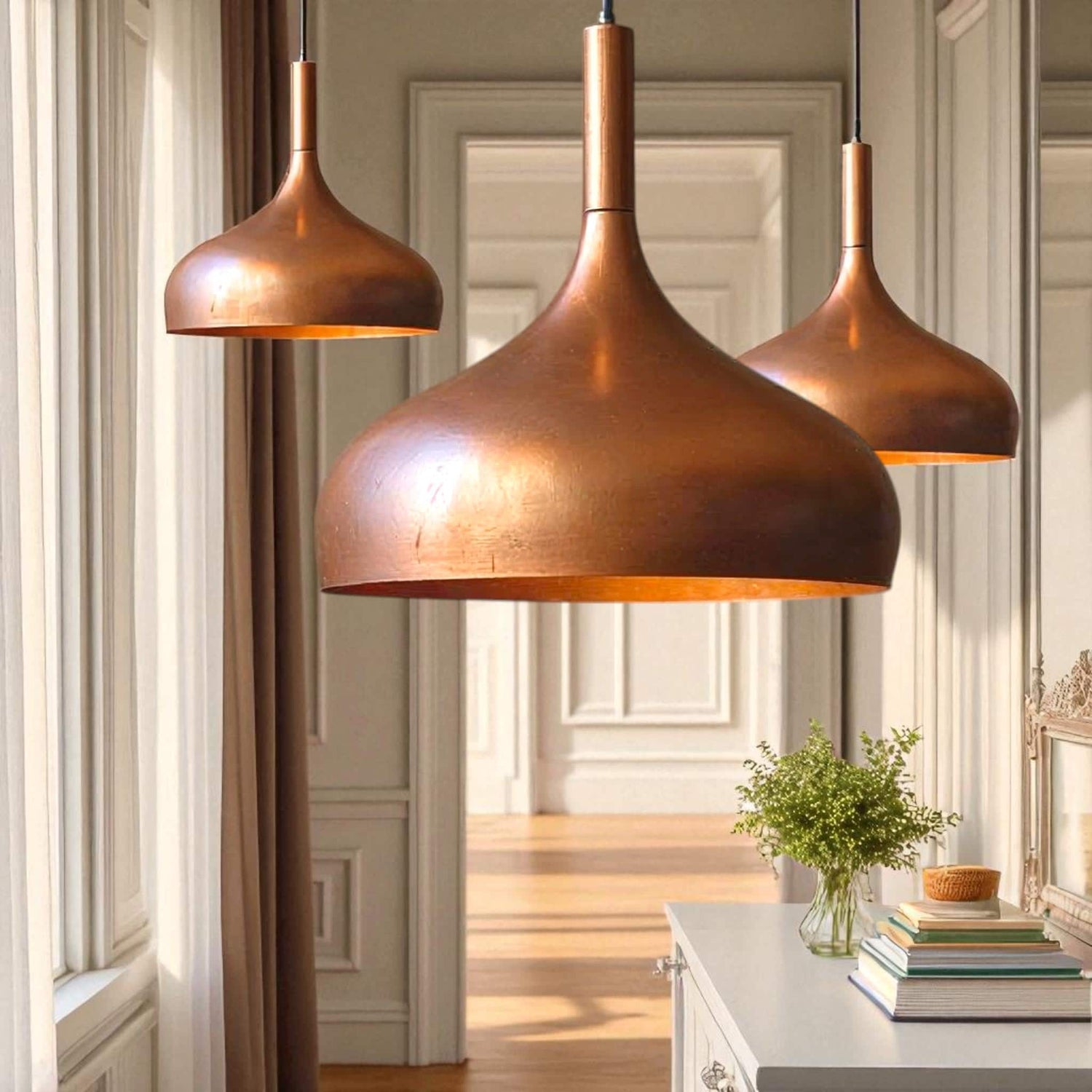 Polished Copper Pendant Light - Minimalist Dome Ceiling Fixture