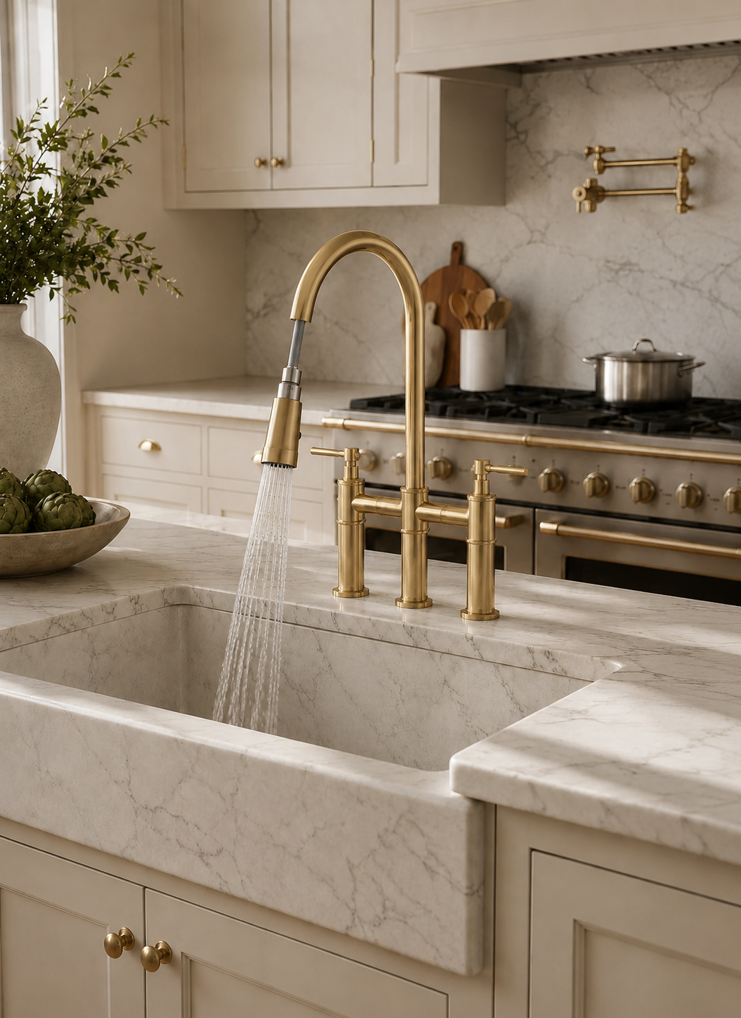 Solid Brass Bridge Kitchen Faucet with Pull Down Sprayer