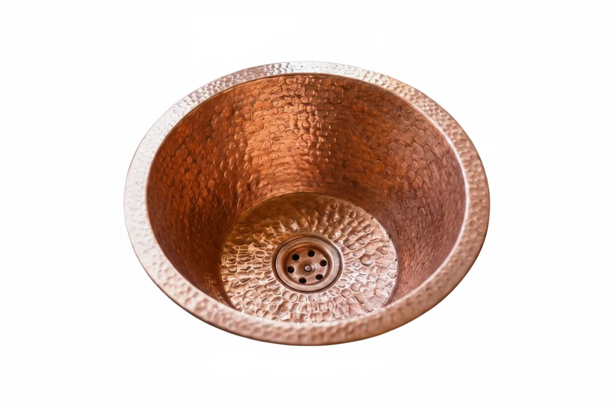 Round kitchen Sink, Hammered Copper Round Drum Bar Sink Including Drain