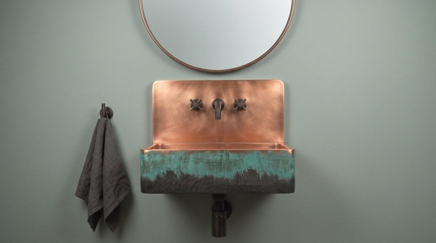 Rustic Antique Copper Sink, Wall Mounted Floating Washbasin, Oil Rubbed Rustic Rectangular Basin, Vintage Industrial Vanity Wash Bowl