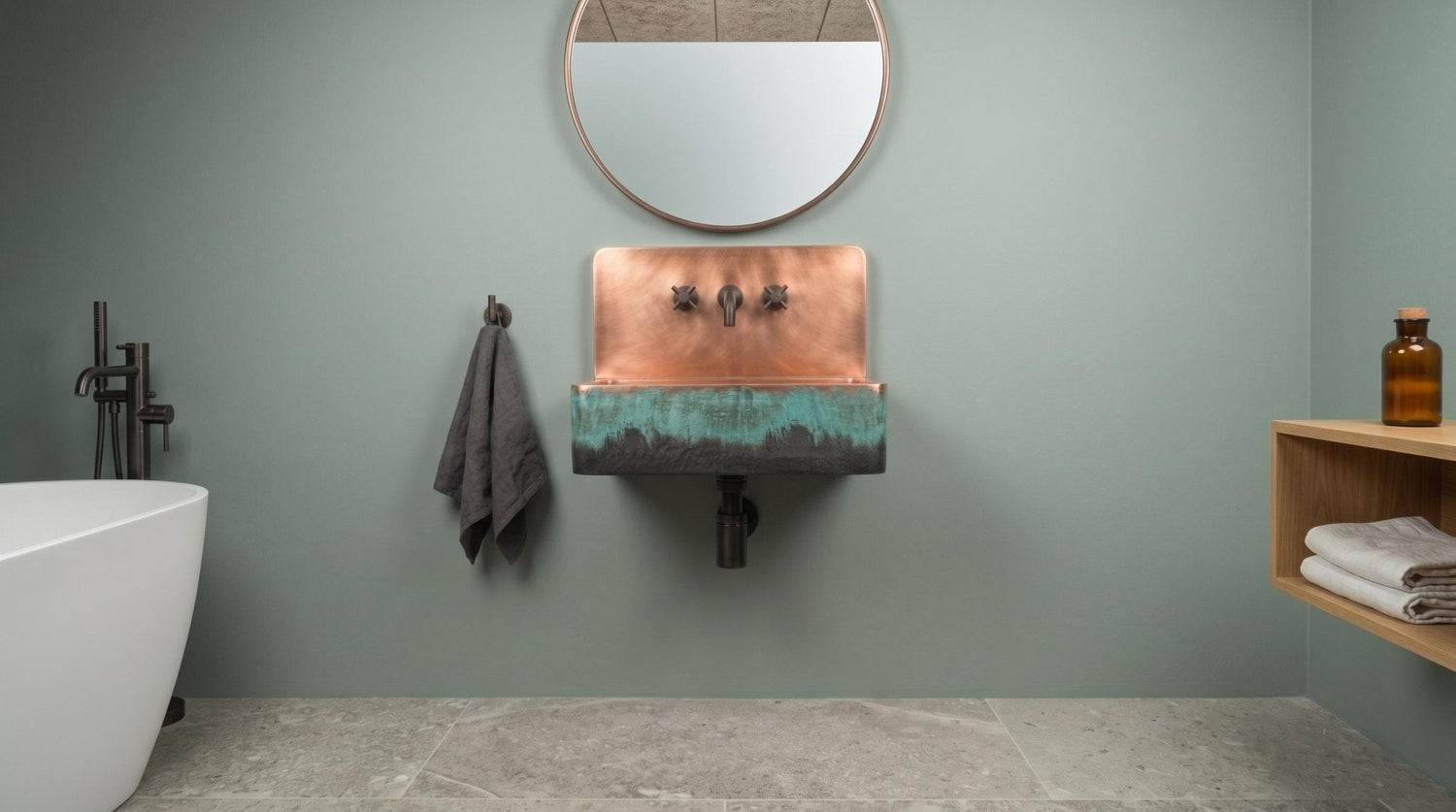 Rustic Antique Copper Sink, Wall Mounted Floating Washbasin, Oil Rubbed Rustic Rectangular Basin, Vintage Industrial Vanity Wash Bowl