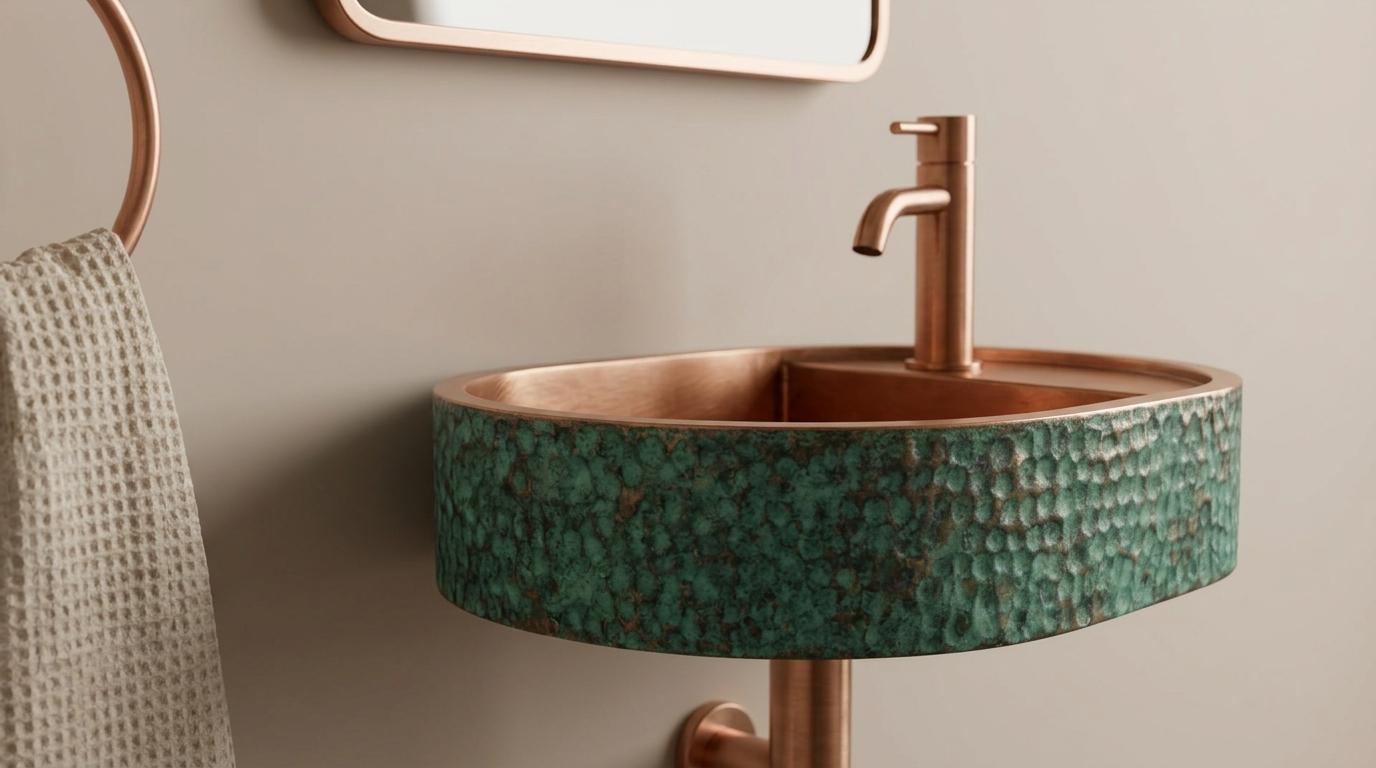 Rustic Antique Copper Washbasin, Floating Green Patina Sink - Wall Mounted Oval Basin, Hammered Vessel Sink, Farmhouse Bathroom