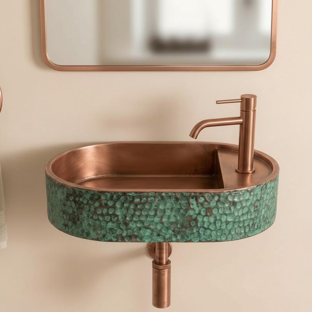 Rustic Antique Copper Washbasin, Floating Green Patina Sink - Wall Mounted Oval Basin, Hammered Vessel Sink, Farmhouse Bathroom