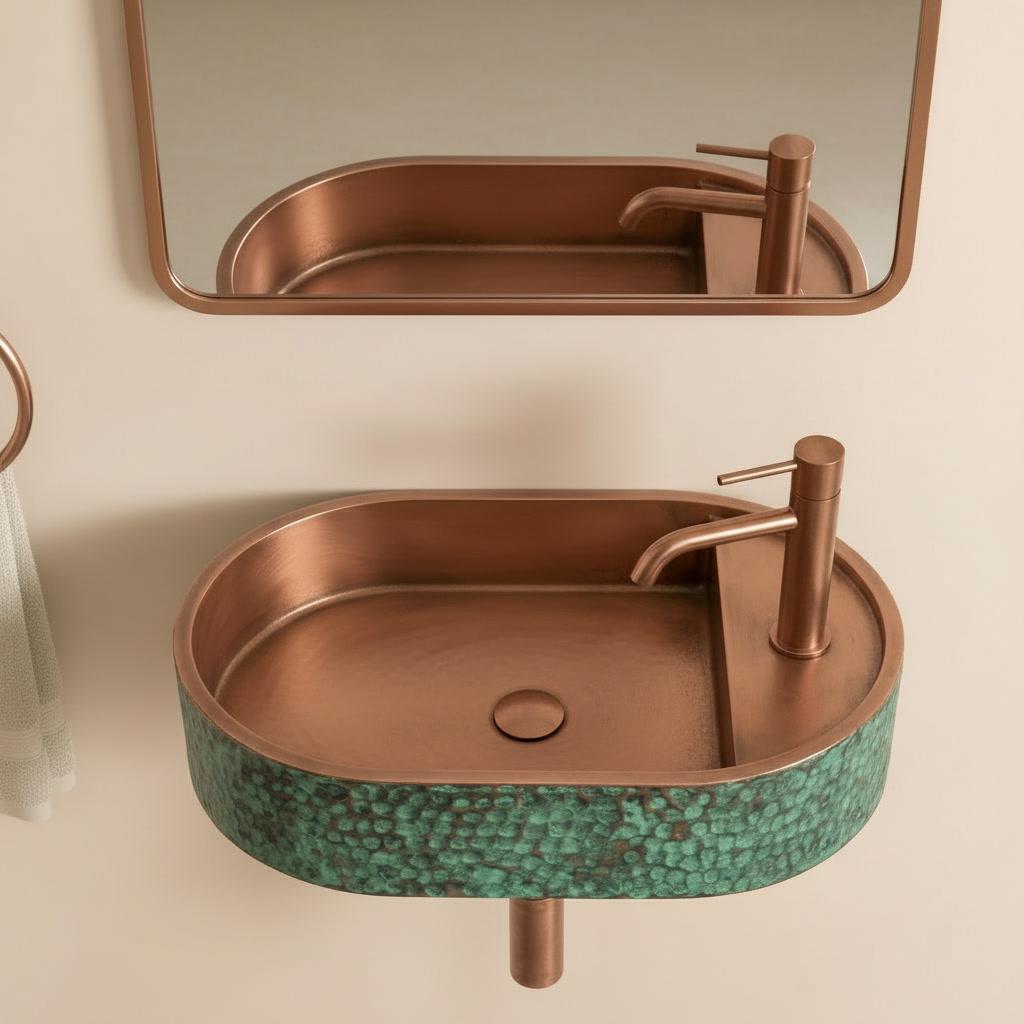 Rustic Antique Copper Washbasin, Floating Green Patina Sink - Wall Mounted Oval Basin, Hammered Vessel Sink, Farmhouse Bathroom