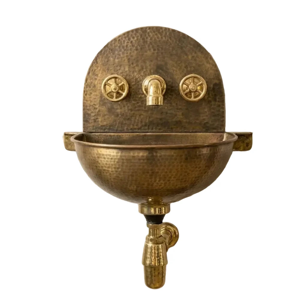 Vintage Rustic Brass Wall Mounted Bathroom Sink with Traditional Faucet Set