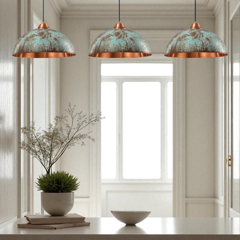 Rustic Copper Dome Pendant Light - Aged Patina Finish