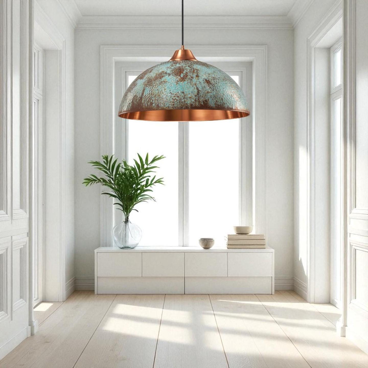 Rustic Copper Dome Pendant Light: Patina Finish, Industrial Kitchen Lighting