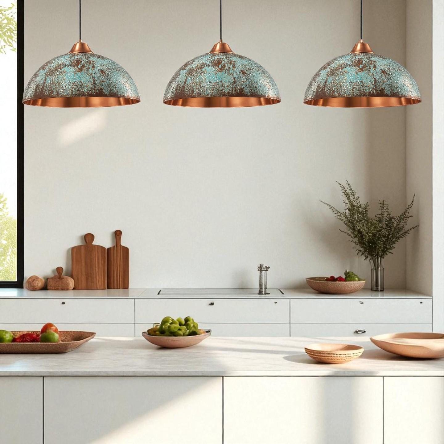 Rustic Copper Dome Pendant Light: Patina Finish, Industrial Kitchen Lighting
