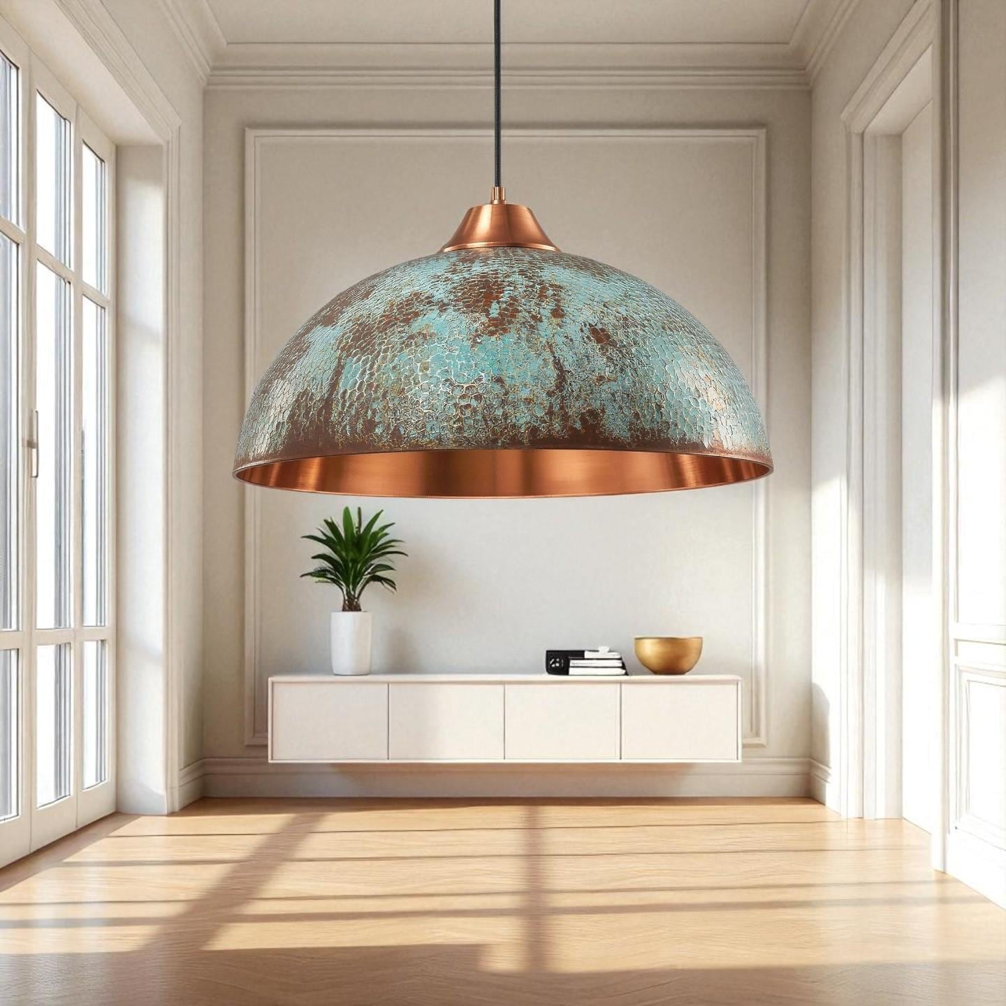 Rustic Copper Dome Pendant Light: Patina Finish, Industrial Kitchen Lighting