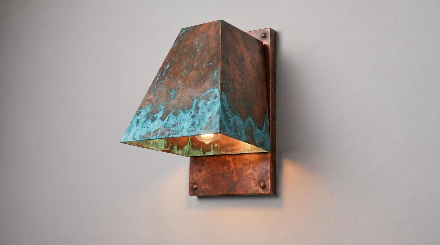 Rustic copper Outdoor Wall Sconce, Turquoise Green Patina Sconce, Architectural Geometric Entryway Light, Luxury Indoor Wall Lamp