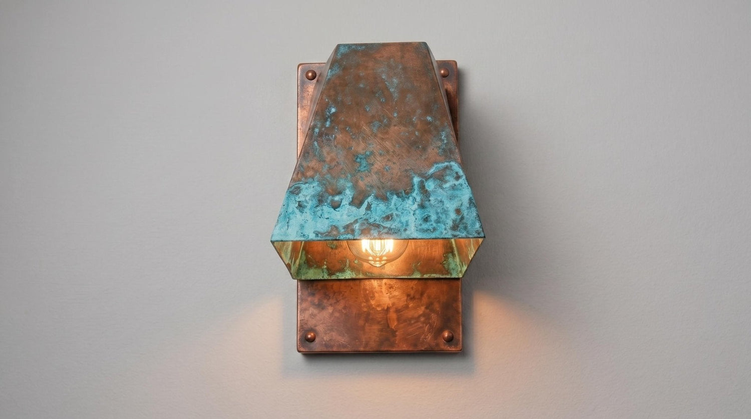 Rustic copper Outdoor Wall Sconce, Turquoise Green Patina Sconce, Architectural Geometric Entryway Light, Luxury Indoor Wall Lamp
