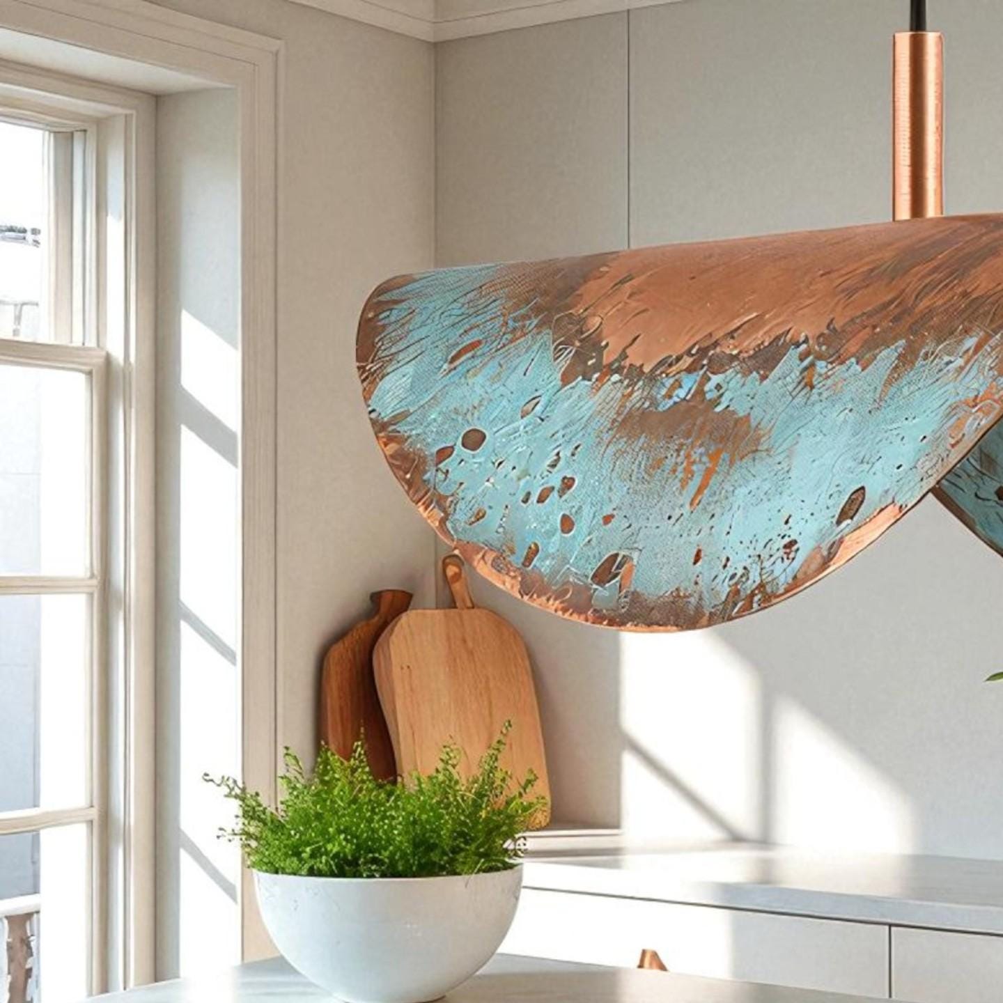 Rustic Copper Patina Pendant Light: Wavy Industrial Hanging Lamp