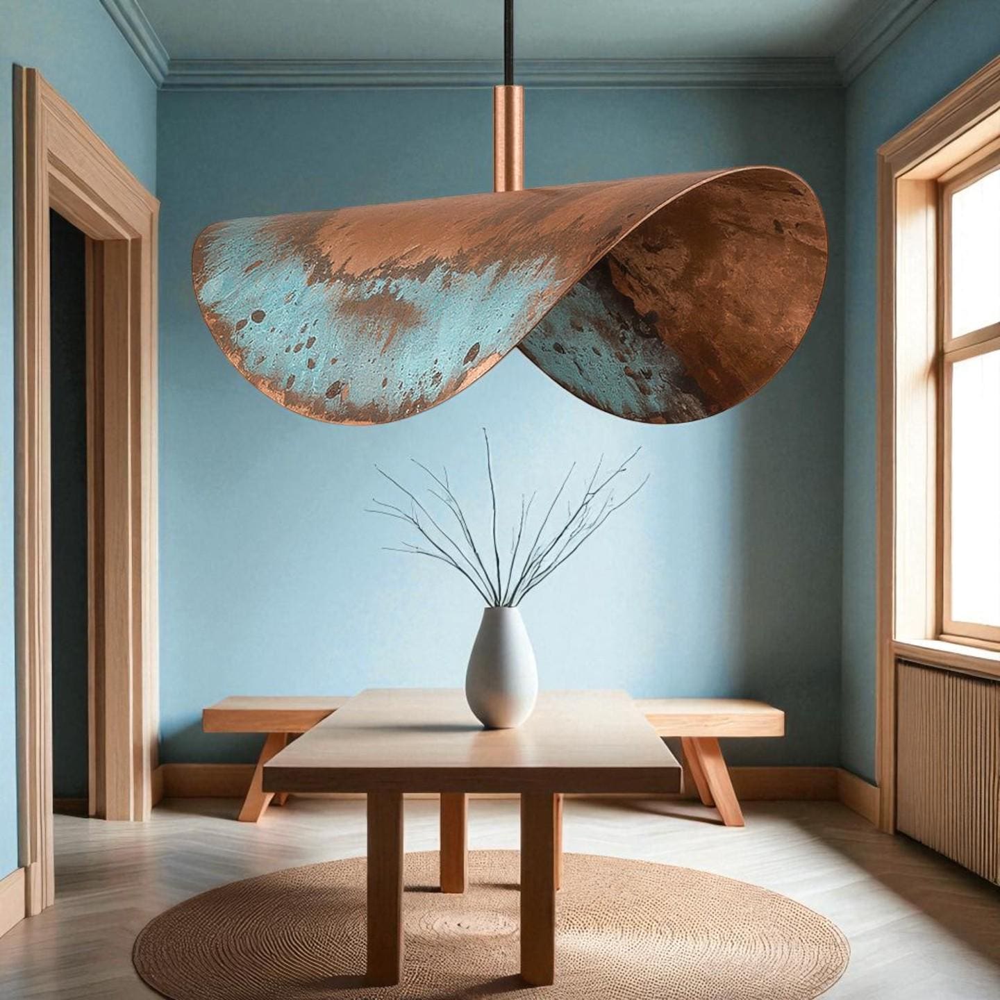 Rustic Copper Patina Pendant Light: Wavy Industrial Hanging Lamp